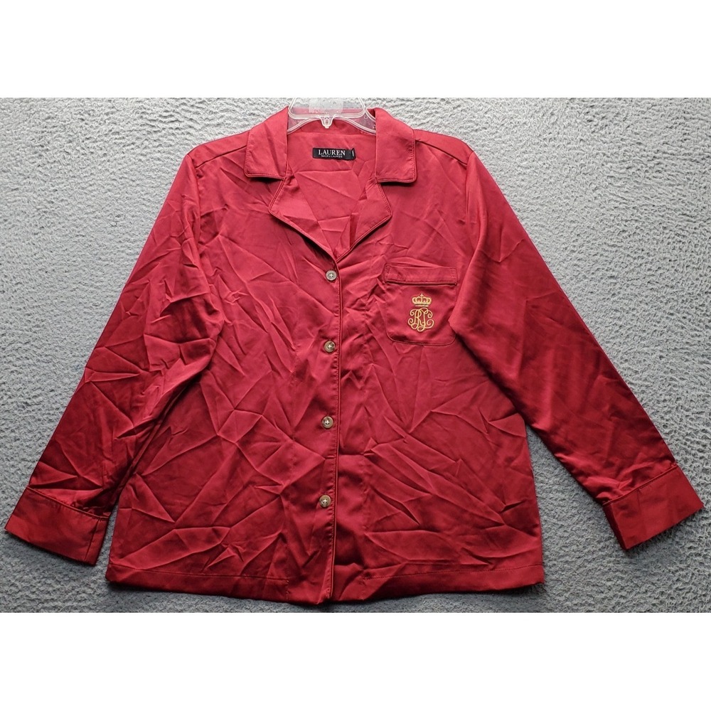 Lauren Ralph Lauren Pajama Shirt Womens M Red Pipe Trim Notch Lapel Button Front